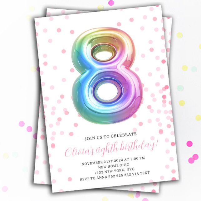 Convite Rainbow Balloon 8º Aniversário Festa Número (8th Rainbow Balloon Number Birthday Invitation)