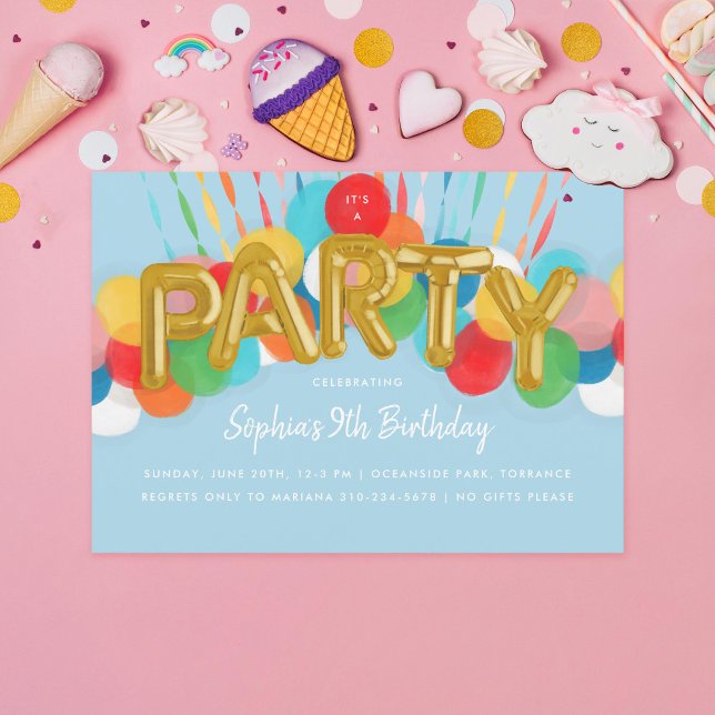 Convite Rainbow Balloons - Aniversário de criança Party Sk (Criador carregado)