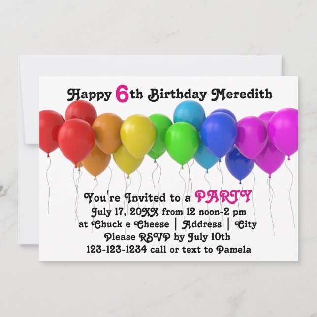 Convite Rainbow Balloons - Aniversário Rosa (Frente)