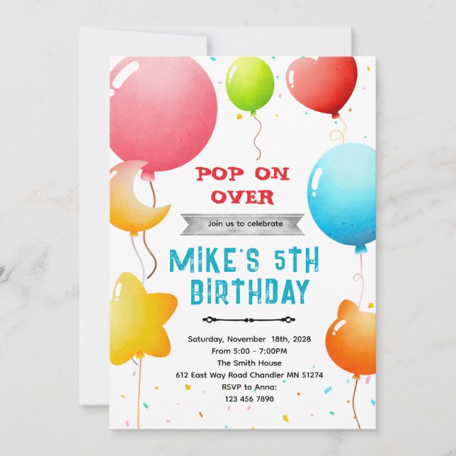 Convite Rainbow Balloons Birthday Invitation (Frente)