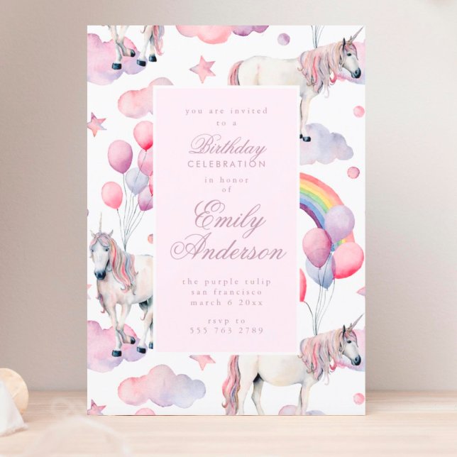 Convite Rainbow Balloons Unicorn Festa de aniversário Rosa (Criador carregado)