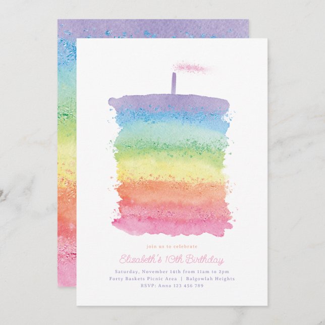 Convite Rainbow Birthday Cake Invite, Rainbow 1rua Party (Frente/Verso)