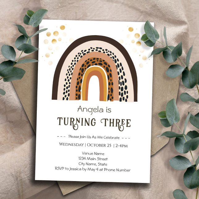 Convite Rainbow Boho Animal Print aniversário de 3 anos (Criador carregado)