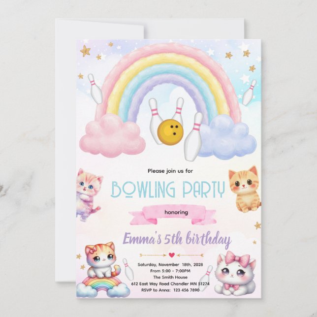Convite Rainbow bowling cat party invitation (Frente)