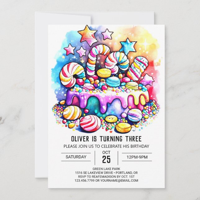 Convite Rainbow Candyland - Aniversário Editável (Frente)
