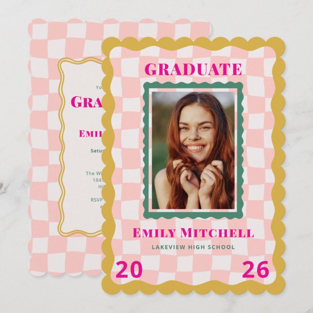 Convite Rainbow Checkered Grad Invitation with Photo (Frente/Verso)