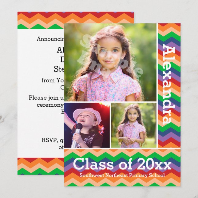 Convite Rainbow Chevron Kid's Photo Graduation Preschool/K (Frente/Verso)