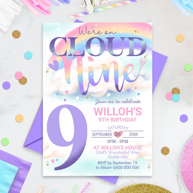 Convite Rainbow Cloud 9 Invation Watercolor (Criador carregado)