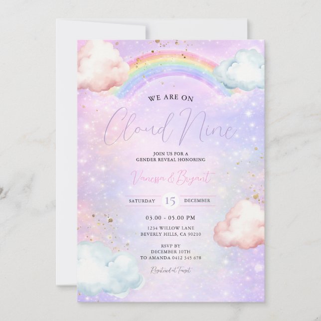 Convite Rainbow Cloud Blush Gender Reveal Glitter (Frente)