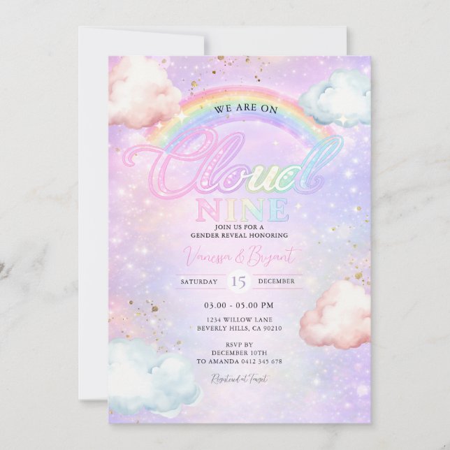 Convite Rainbow Cloud Galaxy Glitter Gender Reveal  (Frente)