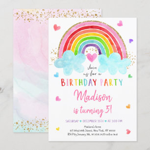 Convite Rainbow Cloud Hearts Pink Dourado Birthday