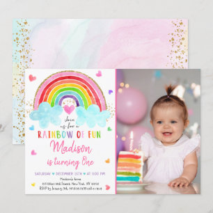 Convite Rainbow Cloud Hearts Pink Dourado Birthday