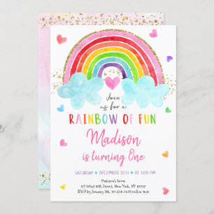 Convite Rainbow Cloud Hearts Watercolor Birthday