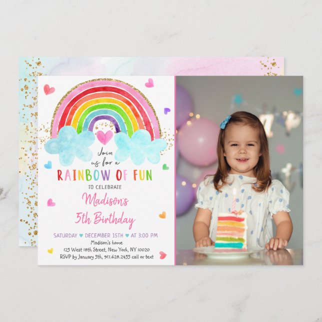 Convite Rainbow Cloud Hearts Watercolor Birthday (Frente/Verso)