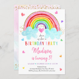 Convite Rainbow Cloud Hearts Watercolor Birthday