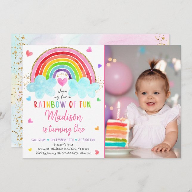 Convite Rainbow Cloud Hearts Watercolor Birthday (Frente/Verso)