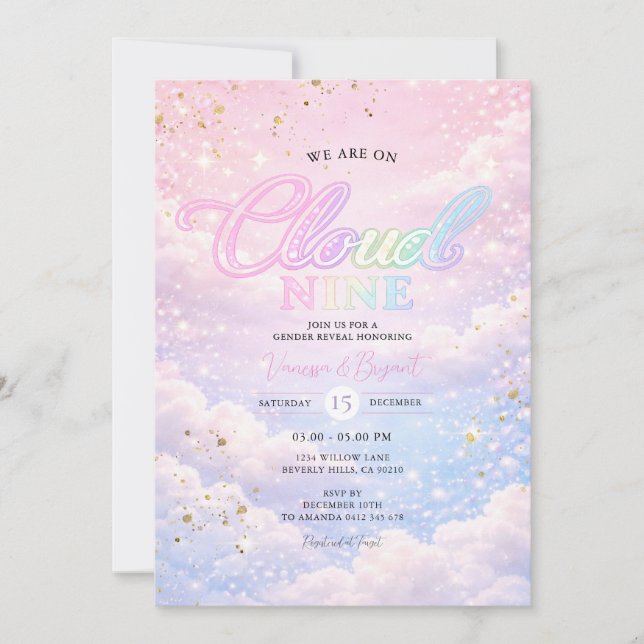 Convite Rainbow Cloud Nine Sky Glitter Gender Reveal  (Frente)