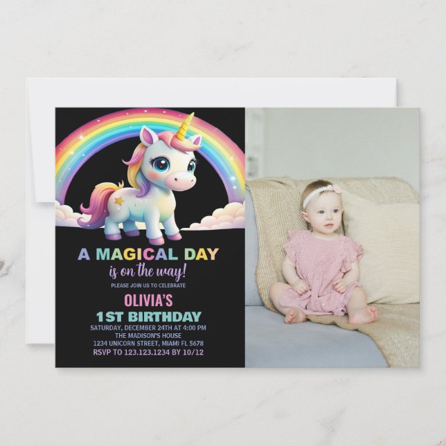 Convite Rainbow Cloud Unicorn Birthday Invtions w foto (Frente)