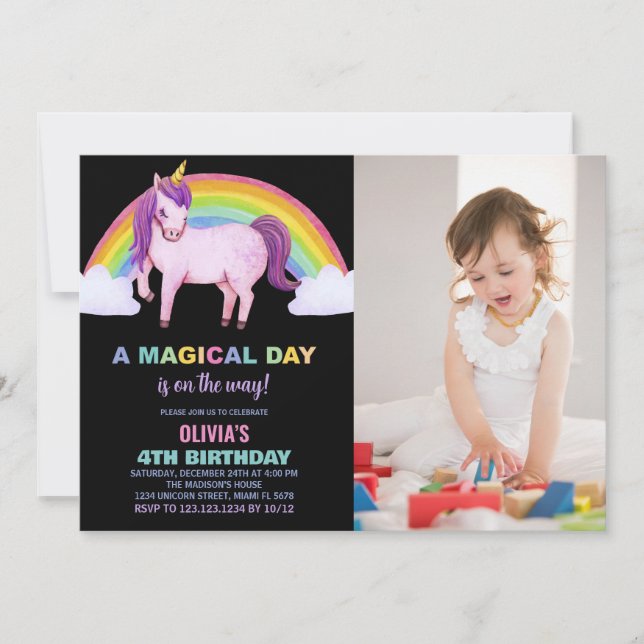 Convite Rainbow Cloud Unicorn Birthday Invtions w foto (Frente)