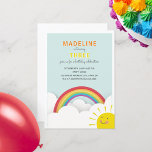 Convite Rainbow Clouds Watercolor Sky Sunshine Aniversário<br><div class="desc">Um tema de aniversário do arco-íris com ilustração de um arco-íris,  céu azul e sol com rosto sorridente.</div>