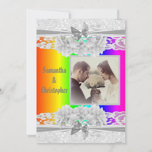 Convite Rainbow coloured lace wedding photo invitation