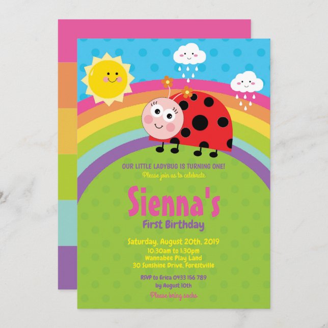 Convite Rainbow Cute Ladybug primeiro aniversario Party Gi (Frente/Verso)