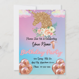 Convite Rainbow Dourado Unicorn Birthday