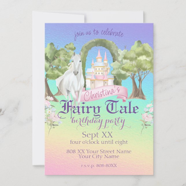 Convite Rainbow Fairy Tale Castle White Horse Watercolor (Frente)