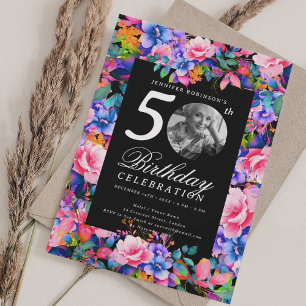 Convite Rainbow Floral Garden Foto 50th Birthday Black