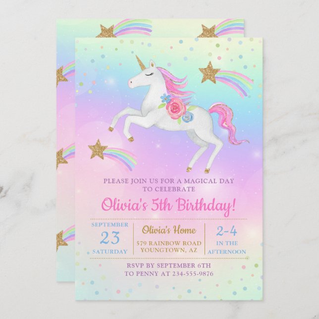 Convite Rainbow Floral Magical Unicorn Girls Aniversário (Frente/Verso)