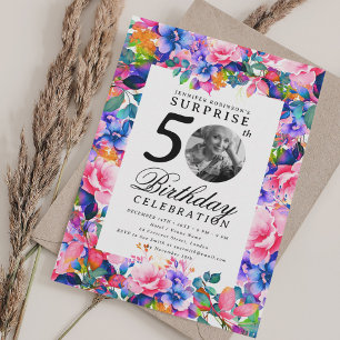Convite Rainbow Floral Photo SURPRISE 50th Birthday