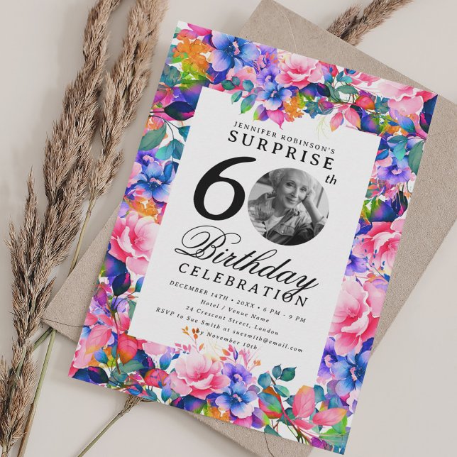 Convite Rainbow Floral Photo SURPRISE 60th Birthday (Rainbow Floral Photo SURPRISE 60th Birthday Invitation)