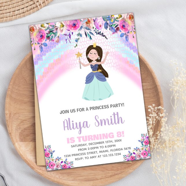 Convite Rainbow Floral Pink Princesa Incêndio Aniversário (Rainbow Floral Pink Princess Birthday Invitations)