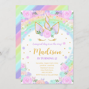 Convite Rainbow Floral Unicorn Birthday