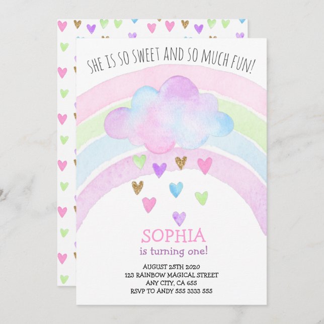 Convite Rainbow Girl Primeiro Aniversário Glitter Dourado  (Frente/Verso)