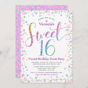 Convite Rainbow Glitter Confetti Virtual Sweet 16 Aniversá
