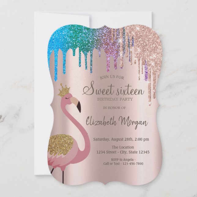 Convite Rainbow Glitter Drips Flamingos Sweet 16 Birthday (Frente)