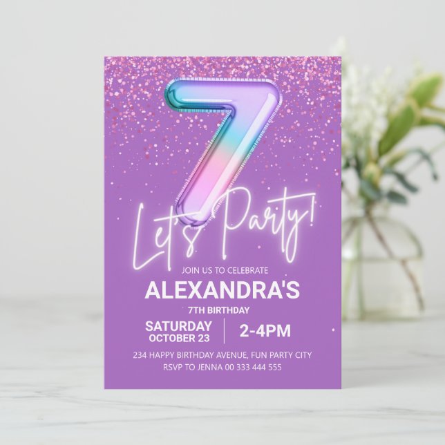 Convite Rainbow Glitter Girl 7 Birthday Balloon Neon (Em pé/Frente)