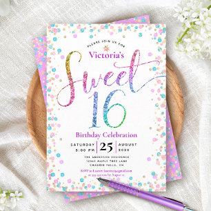 Convite Rainbow Glitter Ombre Confetti Sweet 16 Aniversár
