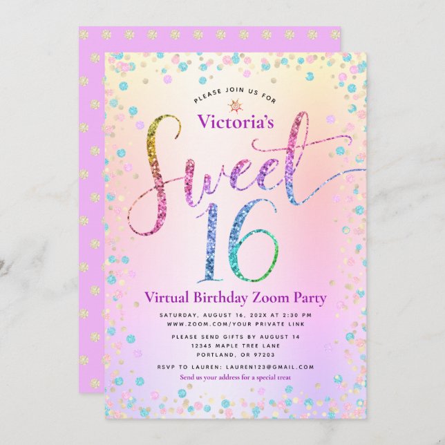 Convite Rainbow Glitter Ombre Virtual Sweet 16 Aniversário (Frente/Verso)