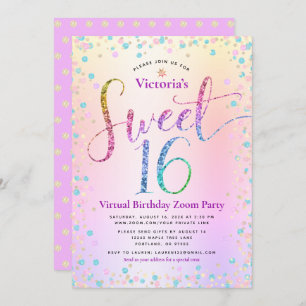 Convite Rainbow Glitter Ombre Virtual Sweet 16 Aniversário