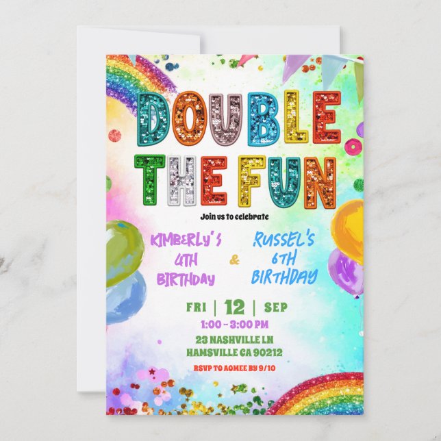 Convite Rainbow Glitter Sequin Sibling Birthday Invitation (Frente)