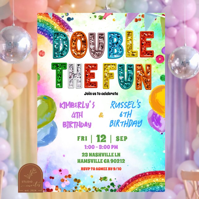 Convite Rainbow Glitter Sequin Sibling Birthday Invitation (Criador carregado)