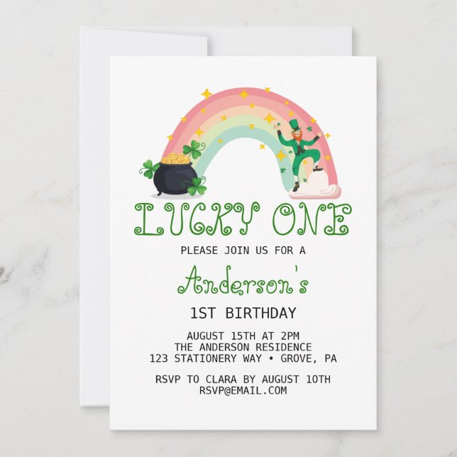 Convite Rainbow & Green Clover Lucky One First Birday (Frente)