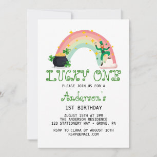 Convite Rainbow & Green Clover Lucky One First Birday