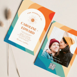 Convite Rainbow Groovy Colorful Wavy Boho Casamento Qr Cód