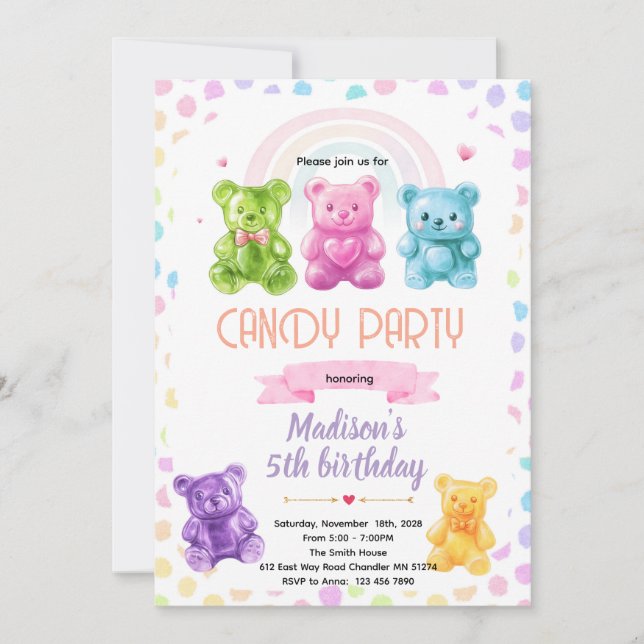 Convite Rainbow Gummy Bear candy Invitation (Frente)