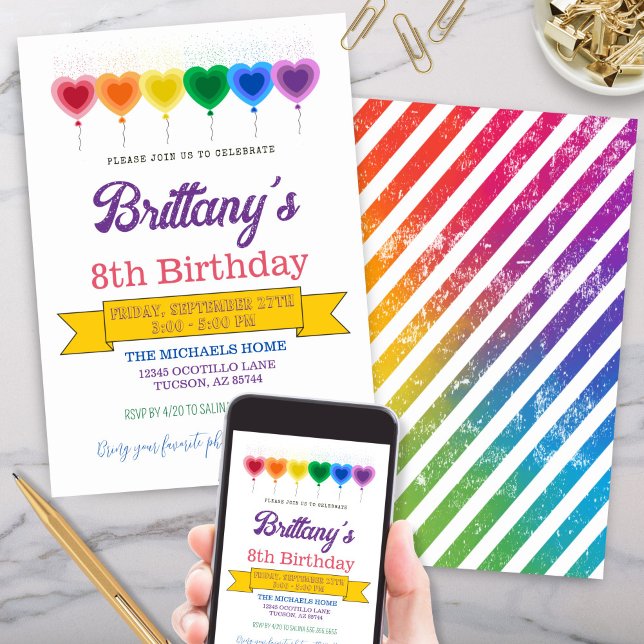 Convite Rainbow Heart Balloons Girly Birthday Party (Fun rainbow colored heart shaped balloons birthday party invitation for birthday celebration)
