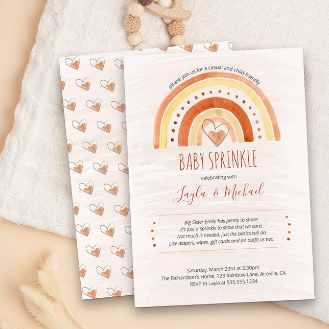 Convite Rainbow Heart Watercolor Wash Baby Sprinkle (Neutral cute and simple rainbow and love hearts Baby Sprinkle invitation)