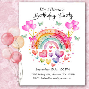Convite Rainbow Hearts Butterflies Aniversário